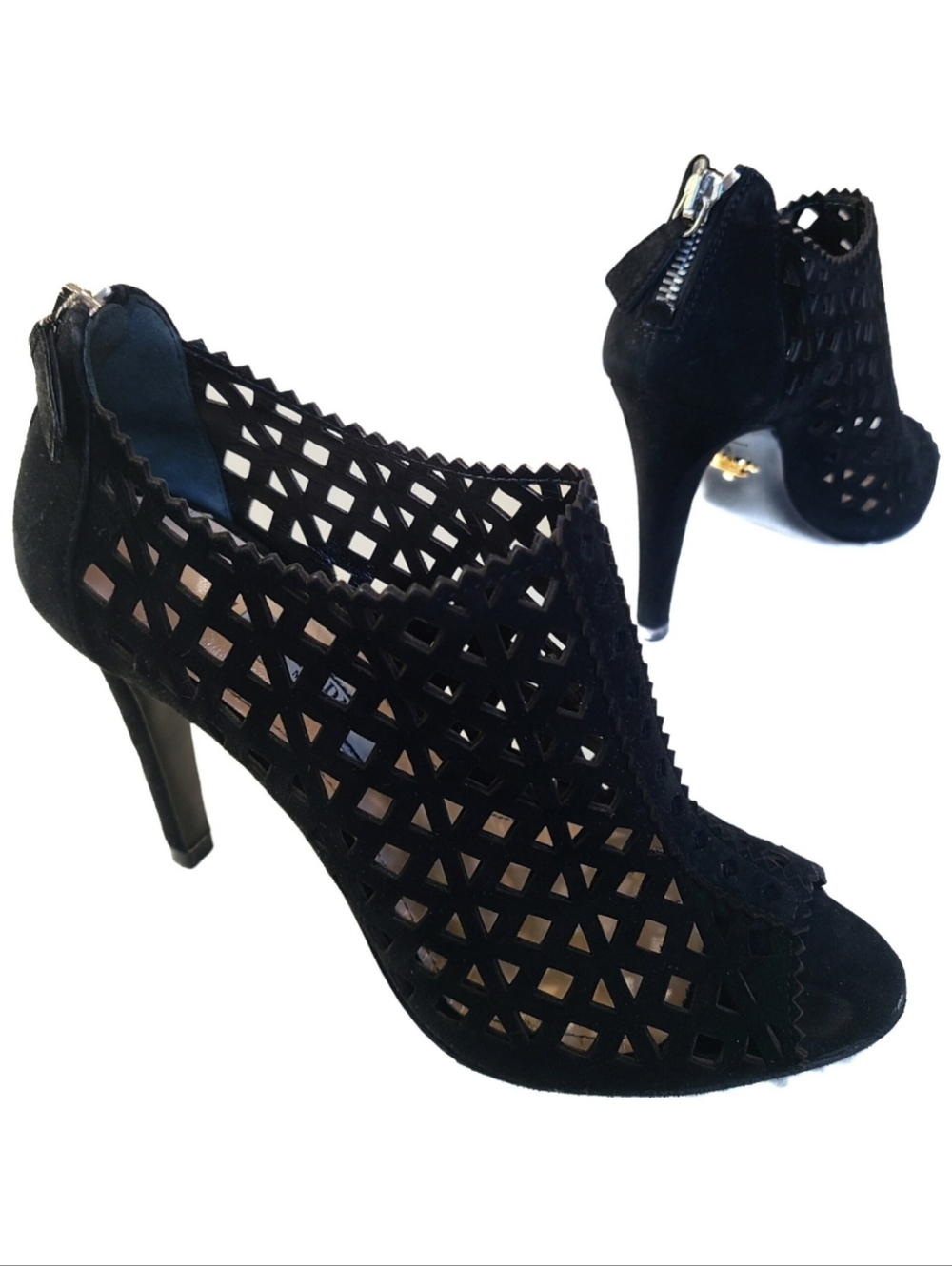 PRADA Luxe Laser Cut Out Suede Peep Toe Bootie Pump Ankle Zip *GUC* 36